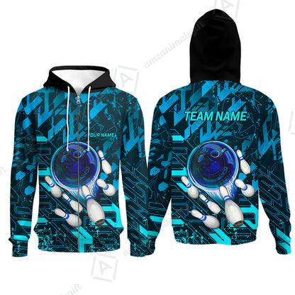 Customized Blue Metric Abstract Bowling Team Jersey, Personalized Name Bowling Quarter-Zip Uniforms For Bowlers, Team League