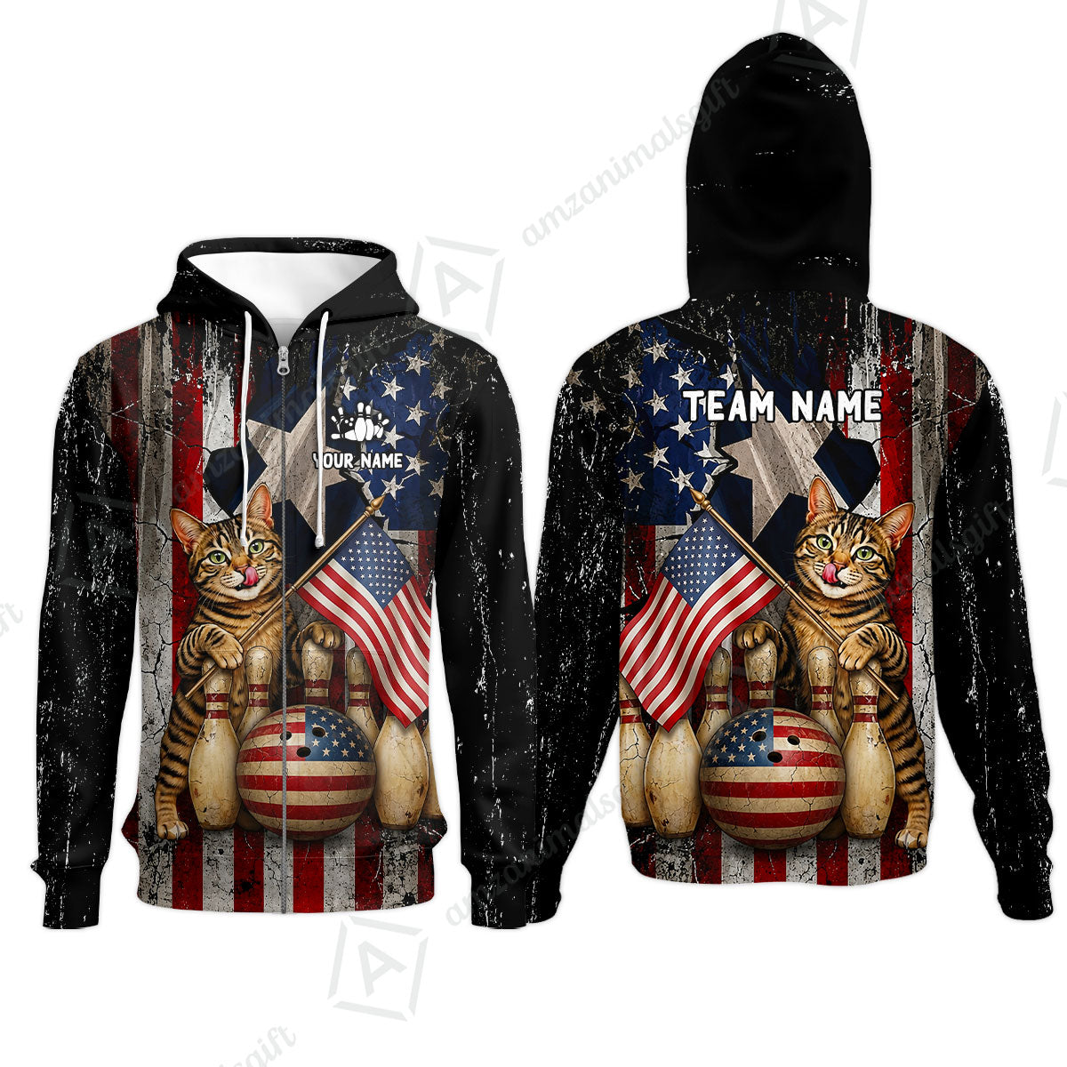 Custom Bowling Jersey Polo Shirt, American Flag and Alley Cats, Custom Bowling Jersey Team Shirt For Players With Name and Team Name