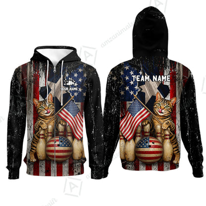 Custom Bowling Jersey Polo Shirt, American Flag and Alley Cats, Custom Bowling Jersey Team Shirt For Players With Name and Team Name