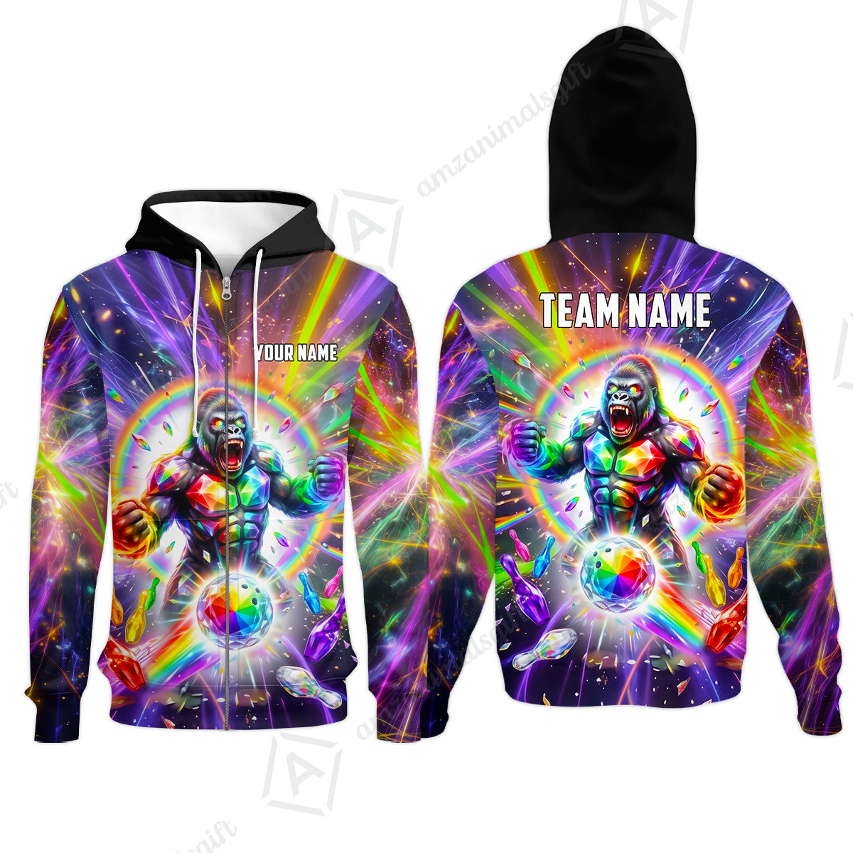 Custom Bowling Jersey Polo Shirt, Rainbow Gemstone Gorilla, Custom Bowling Jersey Team Shirt For Players With Name and Team Name