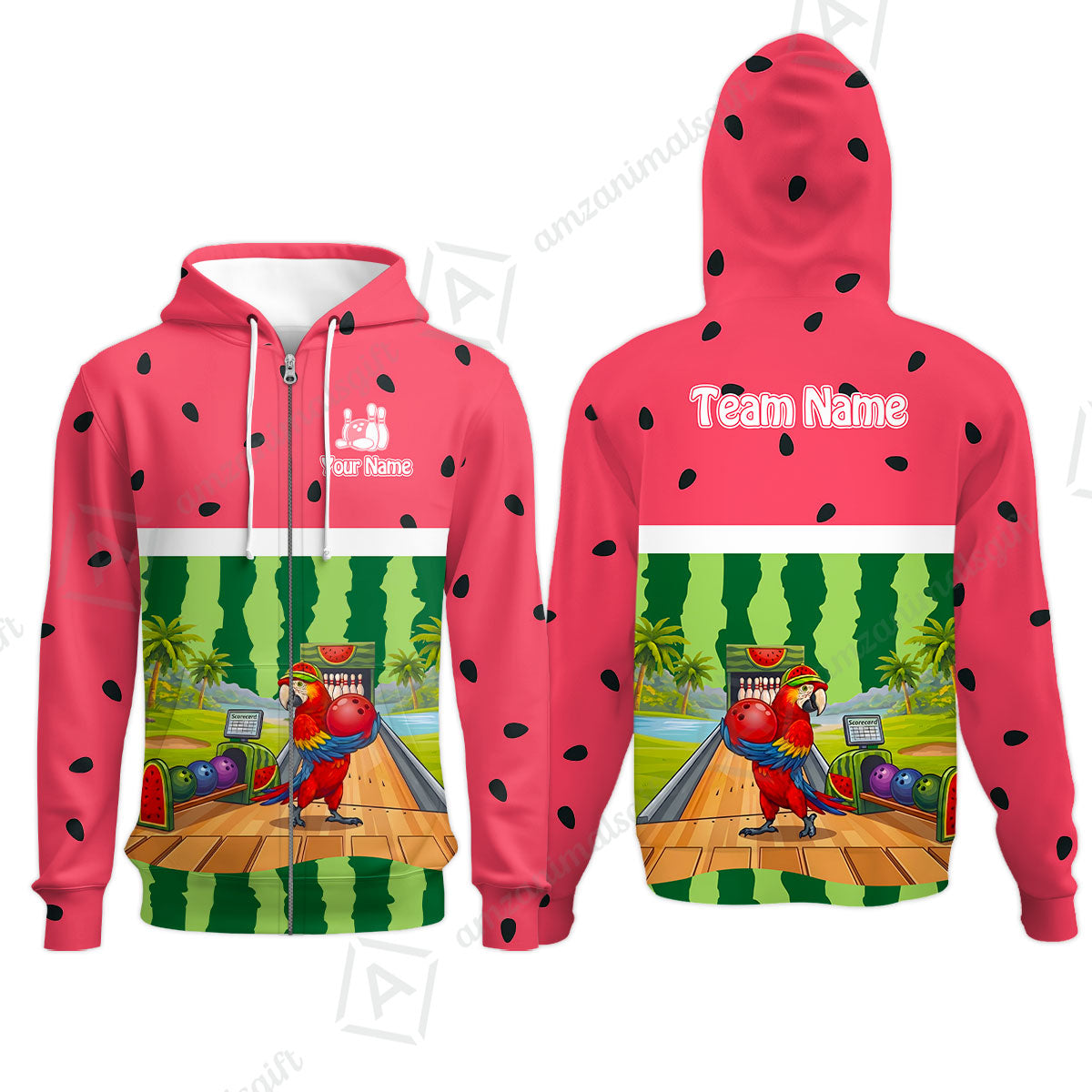 Custom Bowling Jersey Polo Shirt, Tropical Watermelon Parrot Macaw, Custom Bowling Jersey Team Shirt For Players With Name and Team Name