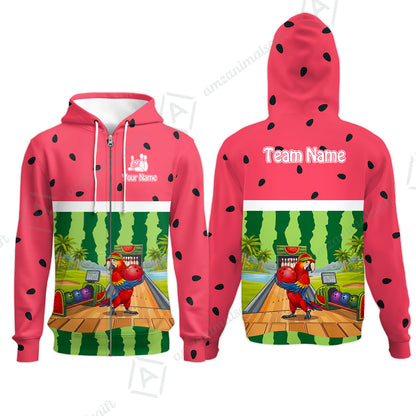 Custom Bowling Jersey Polo Shirt, Tropical Watermelon Parrot Macaw, Custom Bowling Jersey Team Shirt For Players With Name and Team Name