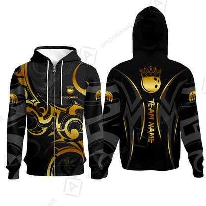 Customized Bowling Team Hoodie, Bowling Swirling Fire Flames Gold And Black Style Polo Shirt For Bowlers