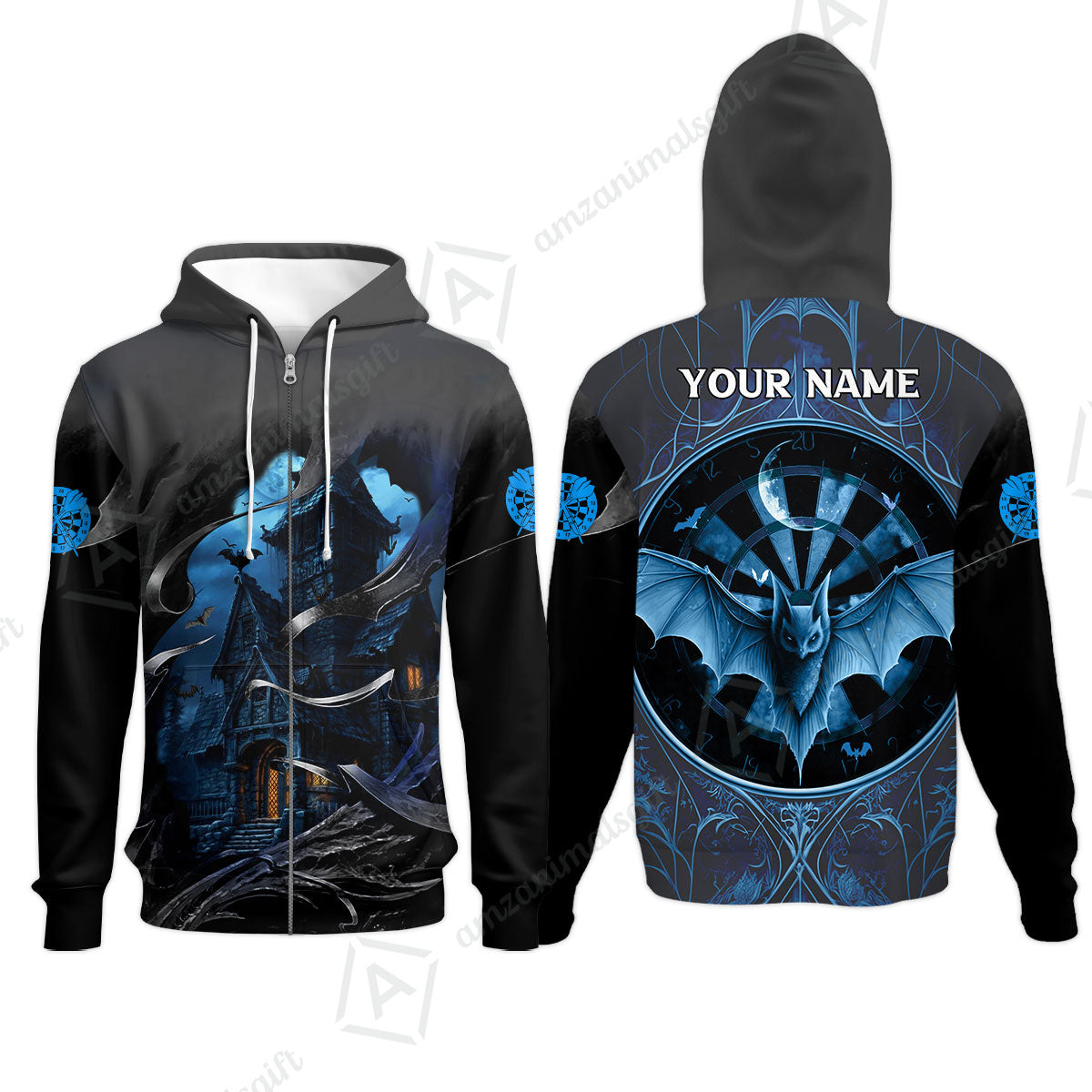 Darts Zip Hoodie Customized Name, Castle & Bats With Dartboard Zip Hoodie- Gift For Darts Players Uniforms, Darts Lovers