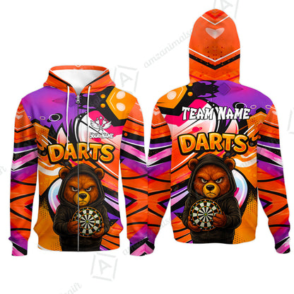 Customized Darts Team Uniform Shirt, Custom Darts Team Collar Quarter-Zip, Personalized Bear Darts Shirt with Name & Team Name