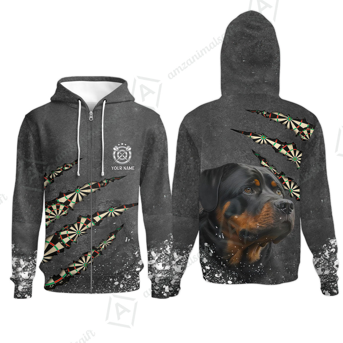 Rottweiler And Darts Custom Name Zip Hoodie, Darts Paint Splash Personalized Zip Hoodie- Gift For Darts Lover, Team, Dog Lover