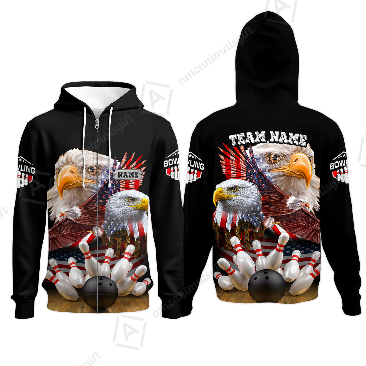 Customized Bowling Polo, Bowling And Pins American Eagles Pride Customized Name And Team Name And Team Zipper Polo Jerseys Shirts
