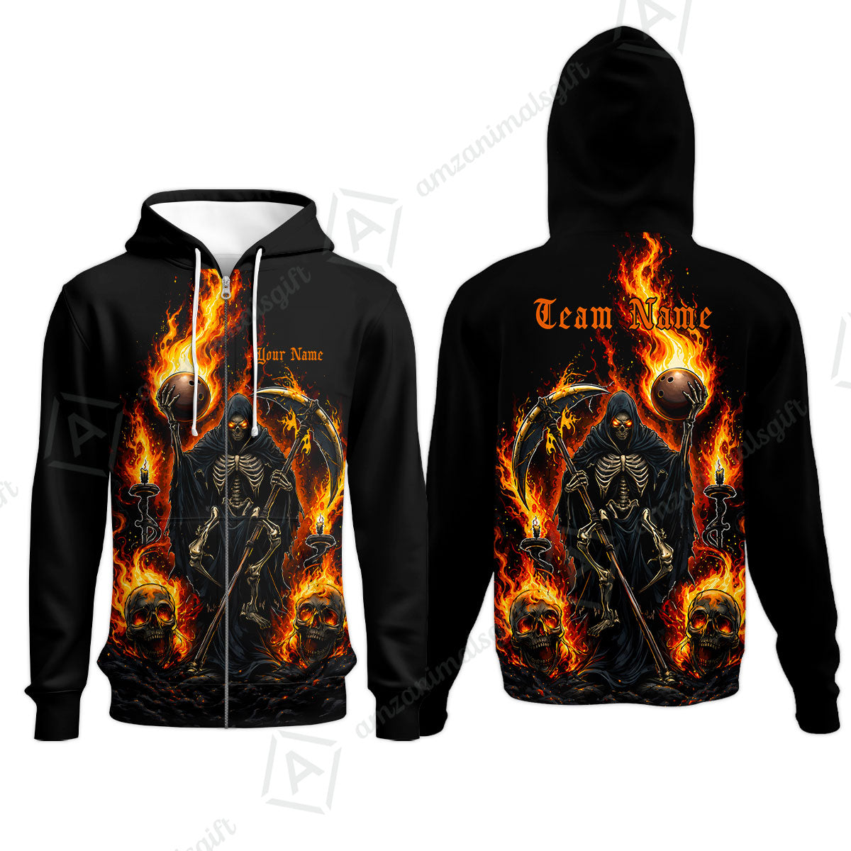 Custom Bowling Jersey Polo Shirt, Hellfire Grim Reaper, Personalize Name and Team Name