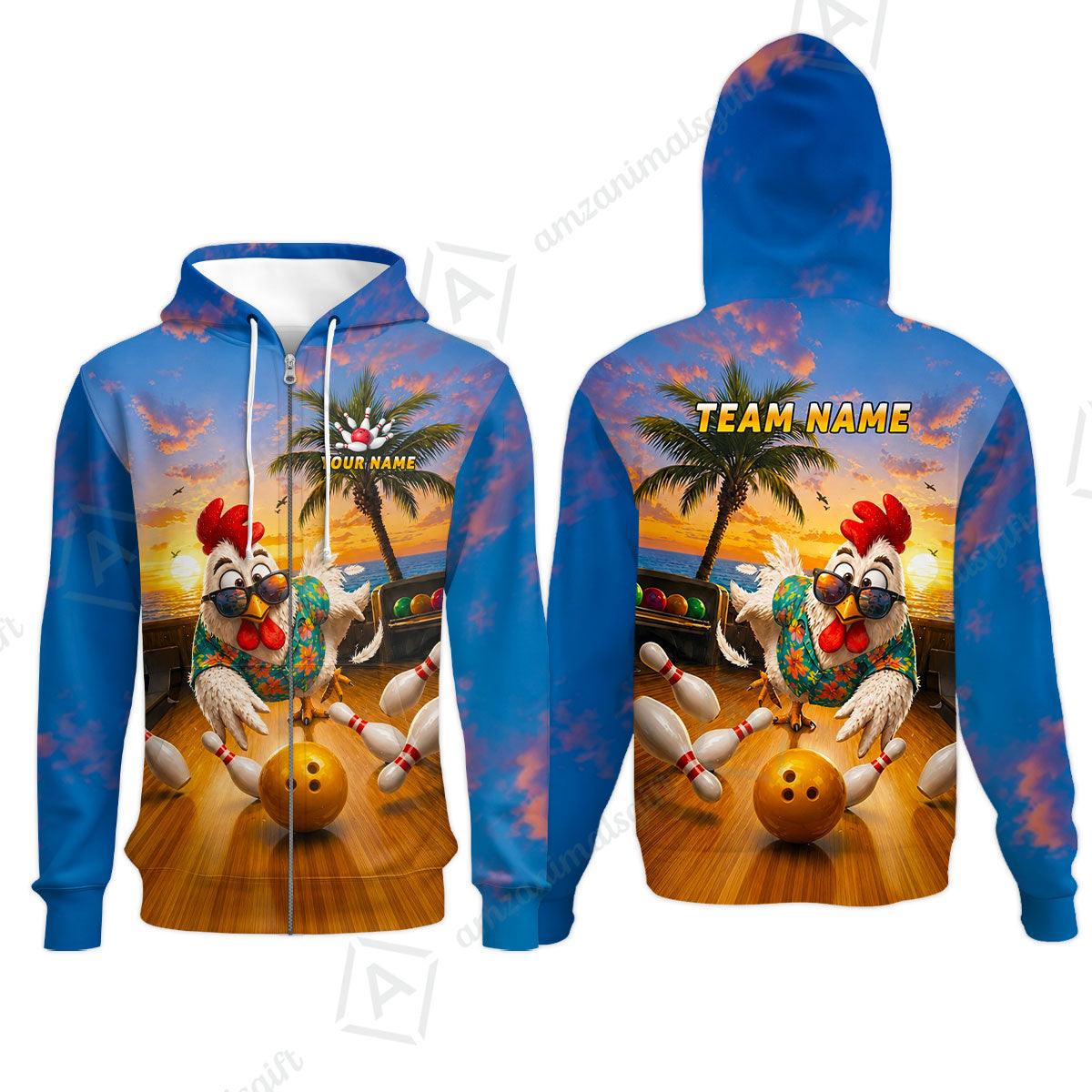 Custom Bowling Jersey Polo Shirt, Funny Tropical Hawaiian Rooster Strike, Custom Bowling Jersey Team Shirt For Players With Name and Team Name