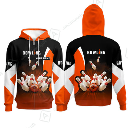 Customized Bowling Women Polo Shirt, Ten Pin Strike Bowling Personalized Orange Black Shirt For Friend, Family, Bowling Players
