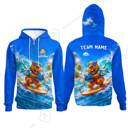 Custom Bowling Jersey Polo Shirt, Surfing Capybara, Personalized Name And Team Name