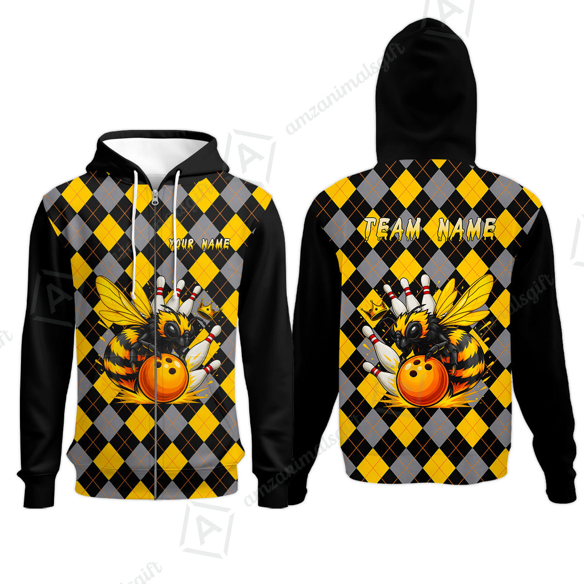 Custom Bowling Jersey Polo Shirt, Argyle Bee Mascot, Custom Bowling Jersey Team Shirt For Players With Name and Team Name