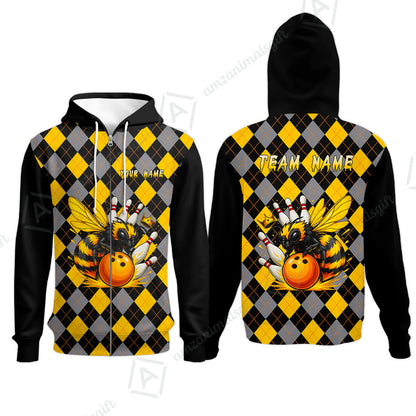 Custom Bowling Jersey Polo Shirt, Argyle Bee Mascot, Custom Bowling Jersey Team Shirt For Players With Name and Team Name
