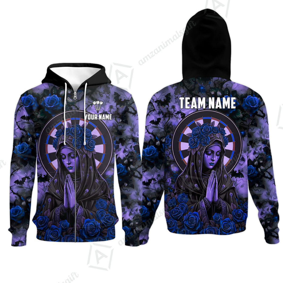 Custom Darts Jersey Polo Shirt, Gothic Madonna And Blue Rose, Custom Dart Jersey Team Shirt For Players With Name & Team Name