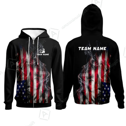 Custom Bowling Jersey Polo Shirt, Smoke USA Flag Bowling, Custom Bowling Jersey Team Shirt For Players With Name & Team Name
