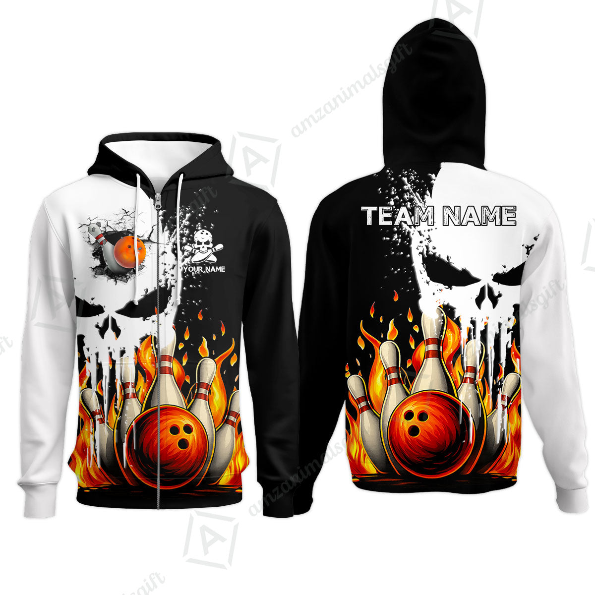 Custom Bowling Team Uniform Skull with Flaming Bowling and Pins, Personalized Name And Team Name