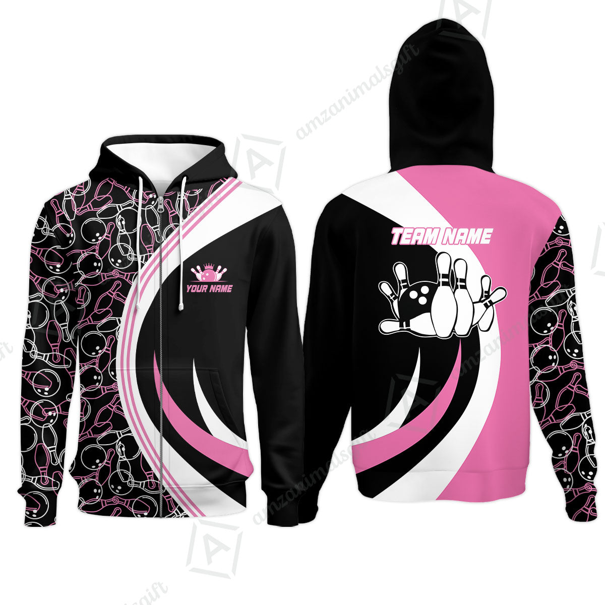 Custom Team Name Black Pink Bowling Team Jersey - Bowling uniforms  Seamless Pattern Bowling Zip Polo Shirts - Uniform Shirt For Bowlers