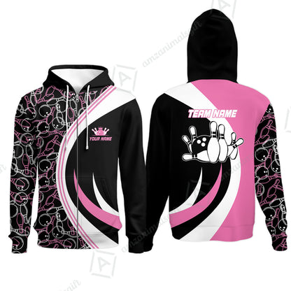 Custom Team Name Black Pink Bowling Team Jersey - Bowling uniforms  Seamless Pattern Bowling Zip Polo Shirts - Uniform Shirt For Bowlers