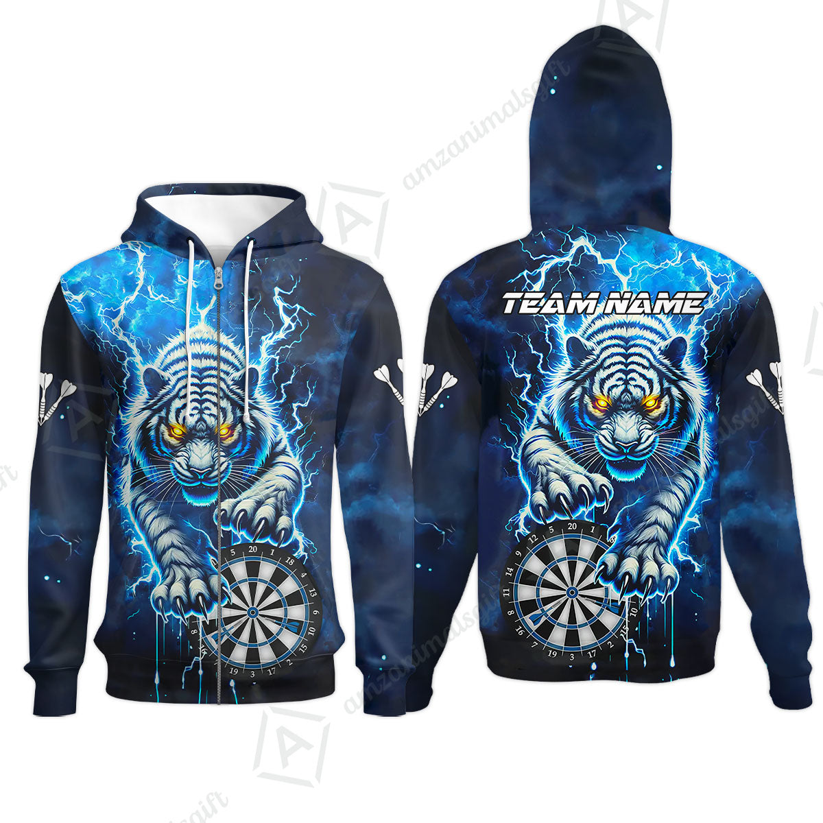 Custom Darts Team Jersey, Thunder Lightning Tiger Darts Jersey Polo Quarter-Zip Shirts, Custom Name And Team Name Darts Uniforms Jersey