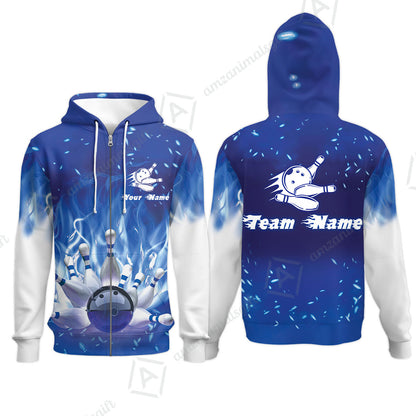 Bowling Men Polo Shirt Custom Name - Bowling On Blue Fire Personalized Bowling Polo Shirt