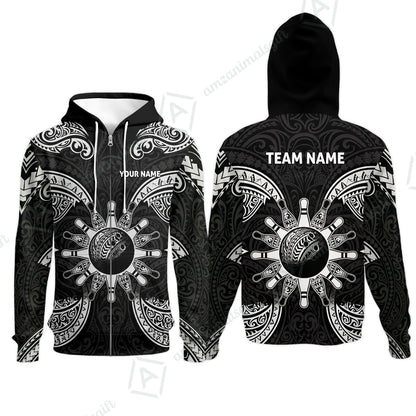 Custom Bowling Jersey Polo Shirt, Symmetric Polynesian Tribal Art Bowling, Custom Bowling Jersey Team Shirt For Players With Name and Team Name
