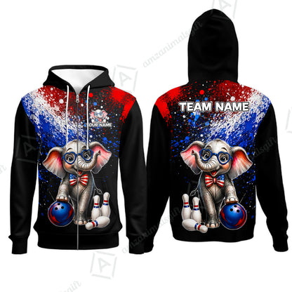 Custom Bowling Jersey Polo Shirt, Patriotic Elephant Bowling, Personalize Name and Team Name