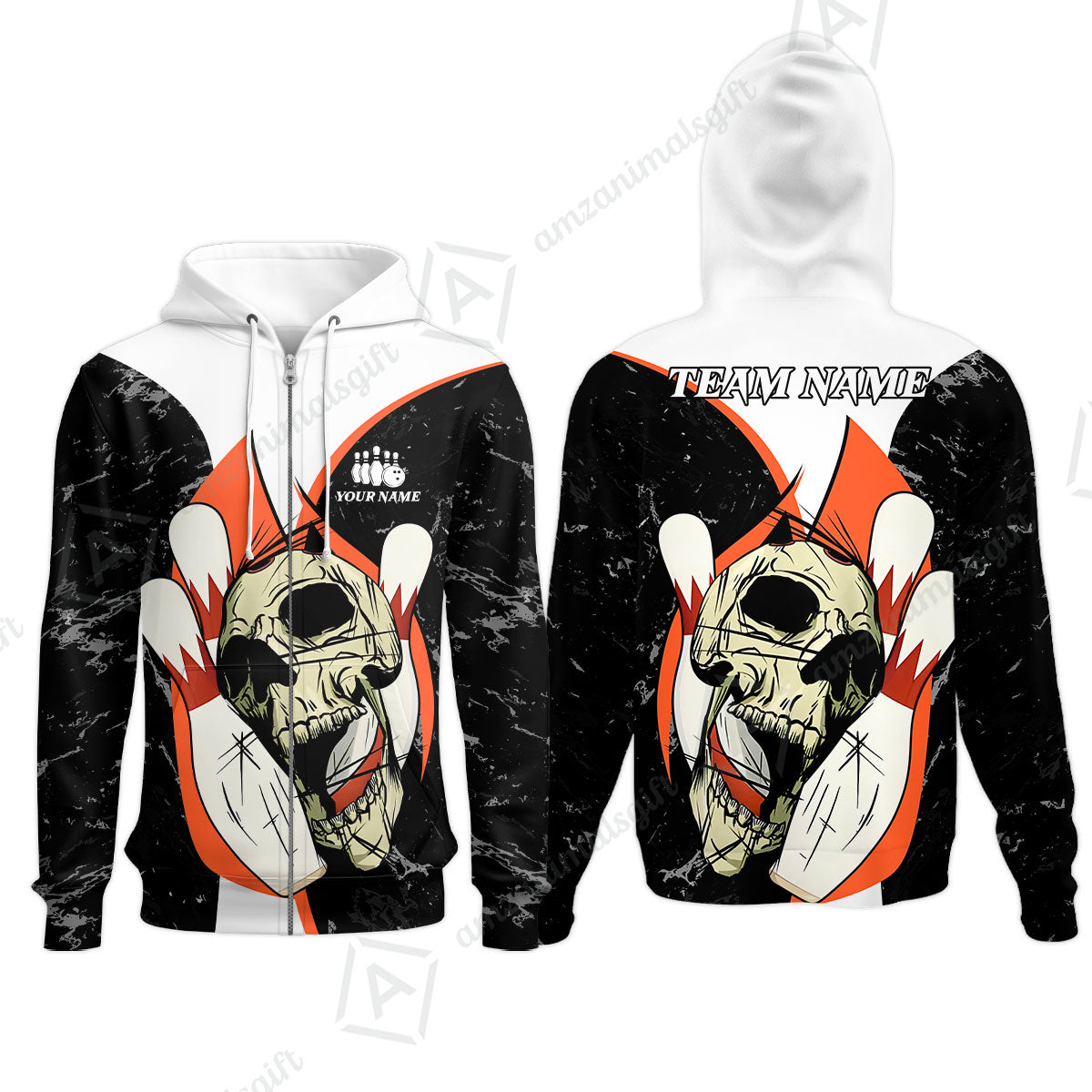 Customized Bowling Team Polo Jersey, Skull Rolling Bowling Illustration Halloween Style Uniform Shirt For Bowlers