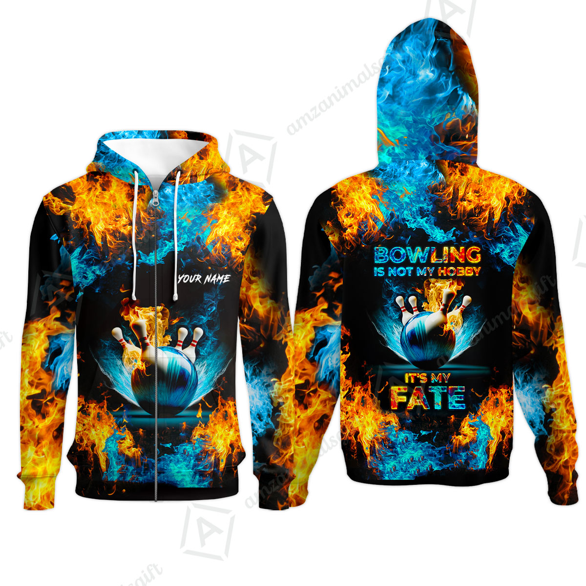 Bowling Custom Zip Polo Shirt - Custom Name Blue Bowling Ball And Pins On Fire Personalized Bowling Zip Polo Shirt