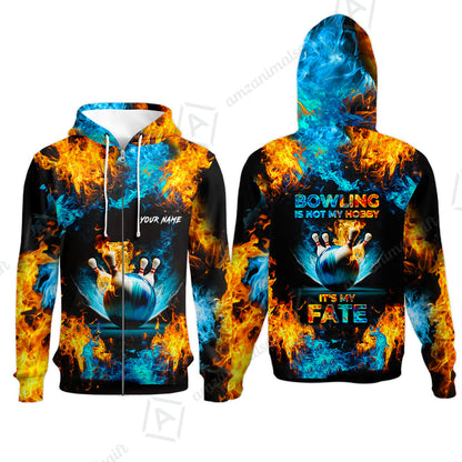 Bowling Custom Zip Polo Shirt - Custom Name Blue Bowling Ball And Pins On Fire Personalized Bowling Zip Polo Shirt