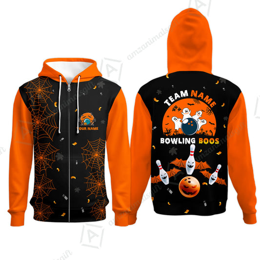 Customized Bowling Ball Halloween Moon Bowling Zip Hoodie, Bowling uniforms Bowling And Boos Funny Halloween Ghost Quarter-Zip Polo Shirts