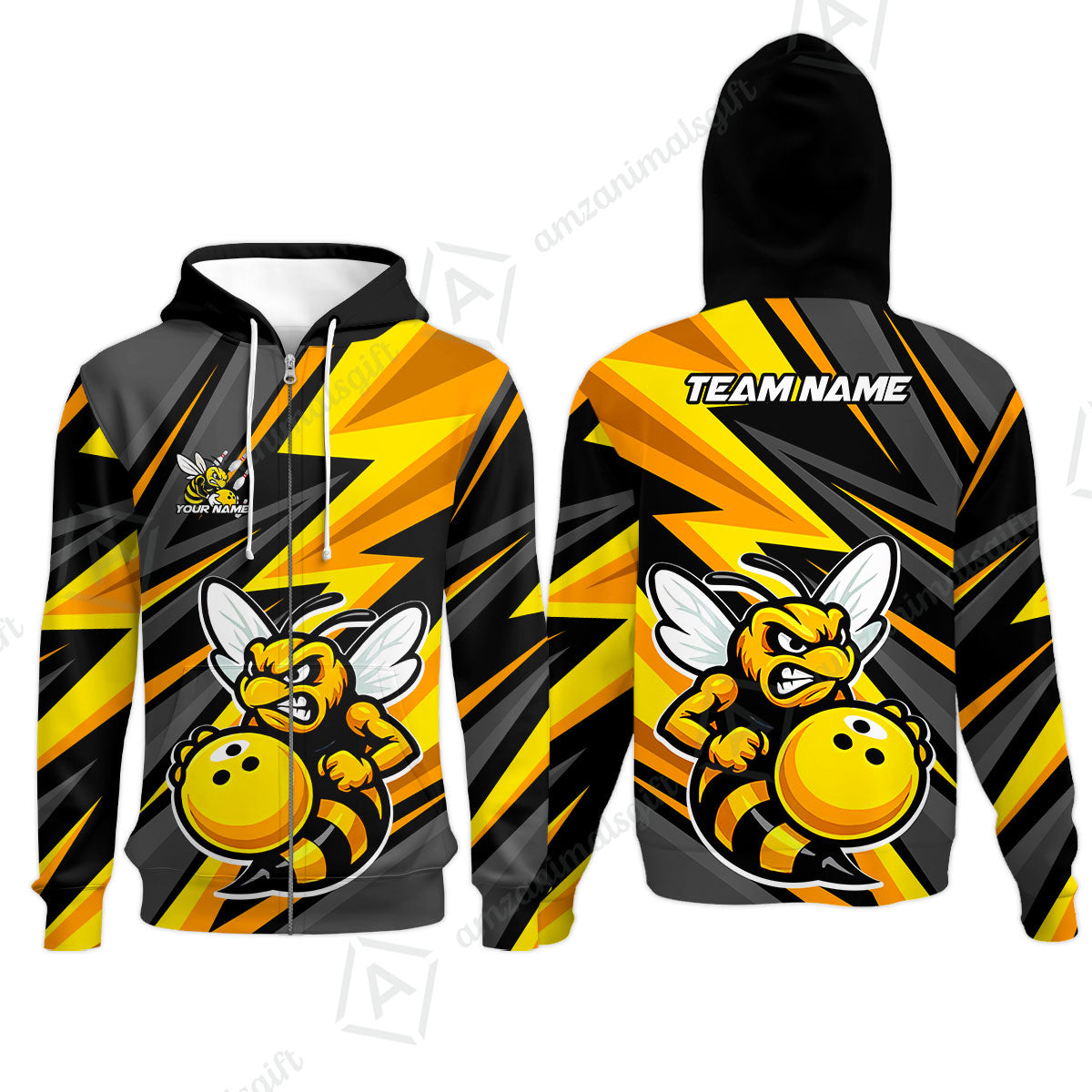 Custom Bowling Team Jersey, Bowling Angry Bee Yellow Strike  Polo Quarter-Zip Shirts, Bowling Uniforms Jerseys, Custom Name And Team Name