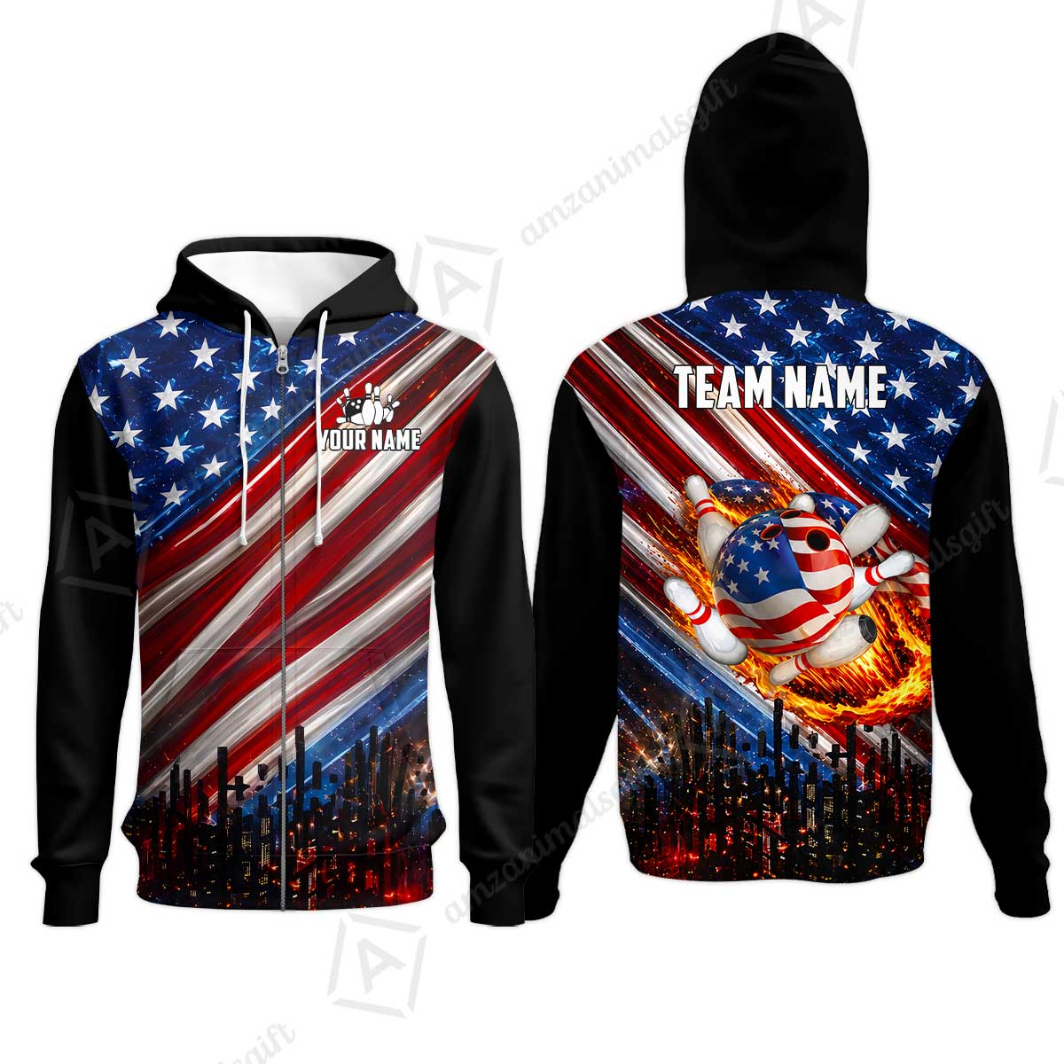 Customized American Flag Flaming Ball Bowling Jersey, Custom Name And Team Name For Bowlers