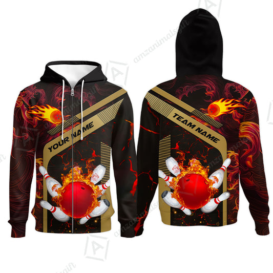 Customized Bowling Zip Hoodie, Bowling In Flaming With Magna Pattern Zip Hoodie Uniform For Bowlers