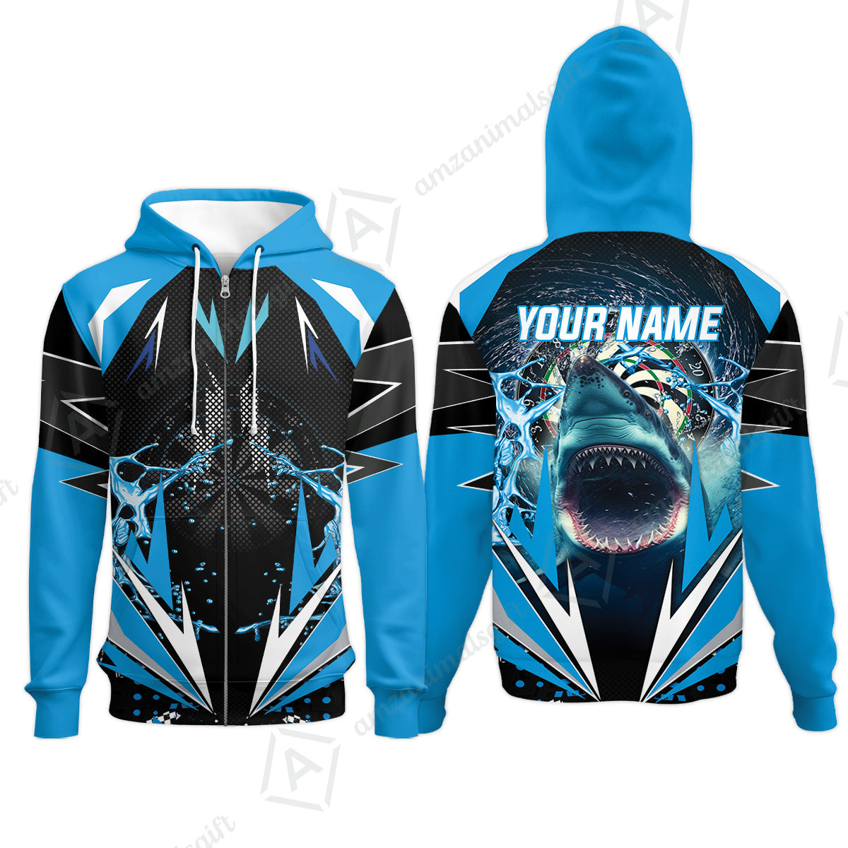 Shark And Darts Custom Name Zip Hoodie, Whirlpool Bullseye Dartboard Personalized Zip Hoodie- Gift For Darts Lovers, Friends, Team