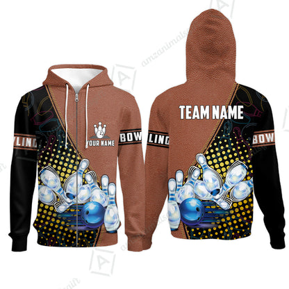 Custom Bowling Zip Hoodie - Black And Blue Bowling Ball Pattern Personalized Name Zip Hoodie
