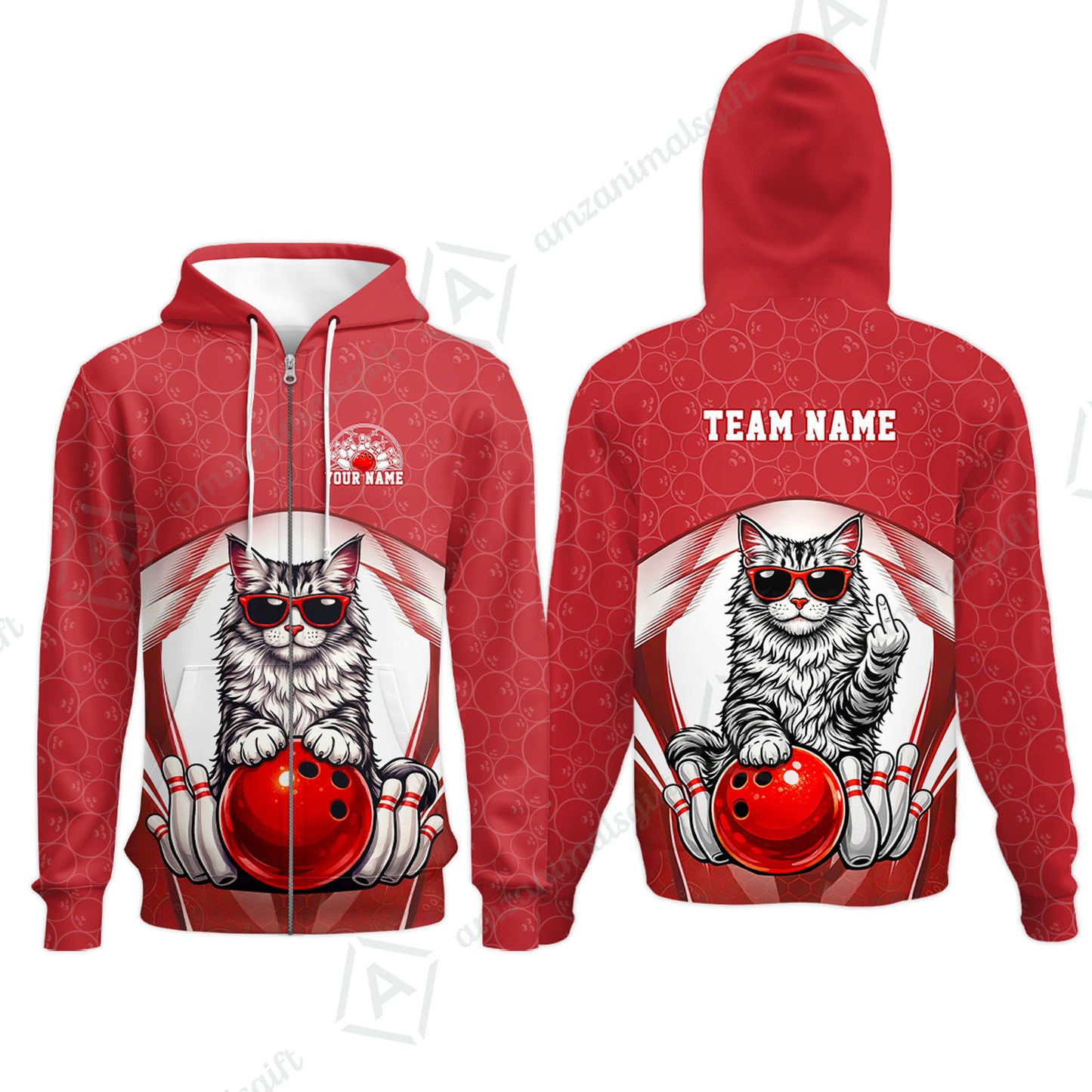 Custom Bowling Polo Shirt, Funny Cat with Sunglasses Bowling Custom Bowling Polo Team Shirt For Players With Name & Team Name