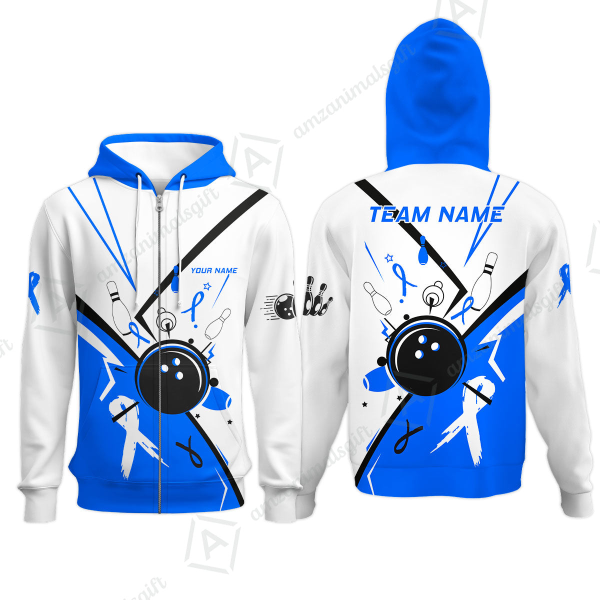 Custom Bowling Team Uniform Shirts, Bowling Ball Strike Pins And Blue Ribbon Shirt, Personalized Team & Player Jersey