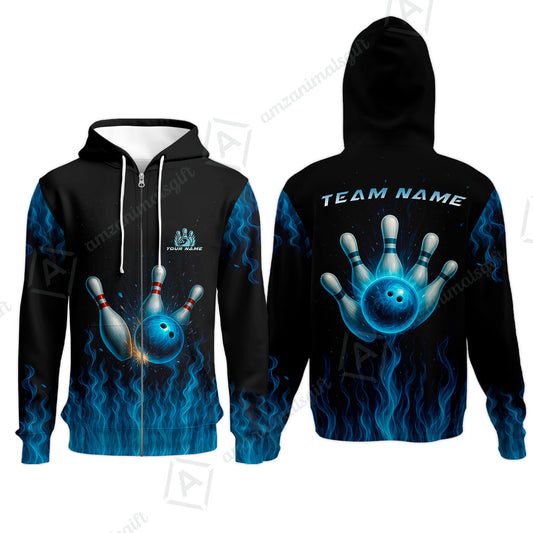 Customized Bowling Zip Hoodie, Intense Blue Flame Strike Zip Hoodie For Bowling Team, Bowlers