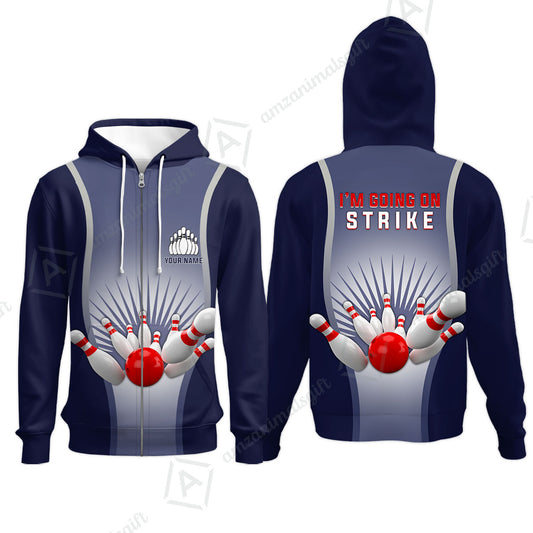 Bowling Zip Hoodie Custom Name - Bowling I'm Going On Strike Personalized Aloha Zip Hoodie - Gift For Friend, Family, Bowling Lovers