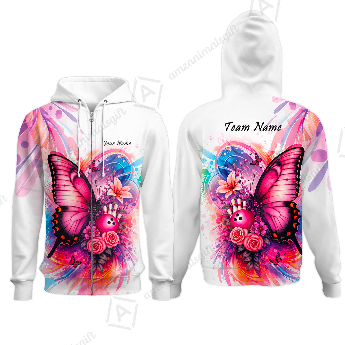 Custom Bowling Jersey Polo Shirt, Watercolor Pink Butterfly Bloom, Custom Bowling Jersey Team Shirt For Players With Name and Team Name
