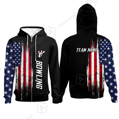 Personalized Polo American Flag Bowling Black Shirt, Bowling Jersey Shirt For Tournament Team Men Women Bowlers
