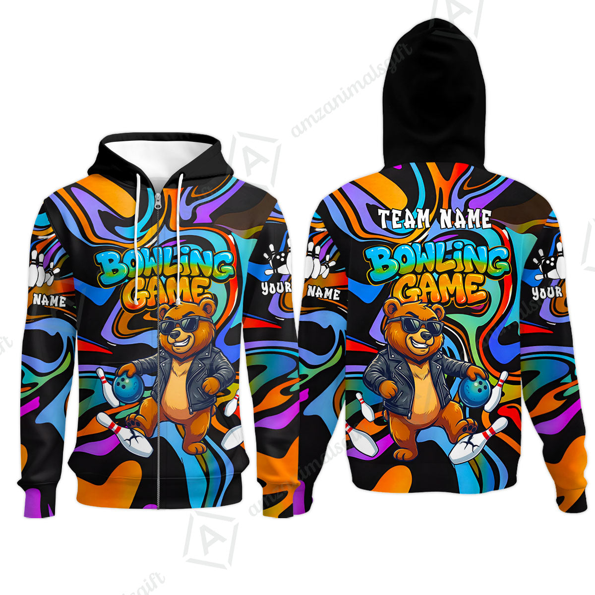 Custom Bowling Jersey Polo Shirt, Trippy Swirl Rocker Bear Graffiti Style, Custom Bowling Jersey Team Shirt For Players With Name & Team Name