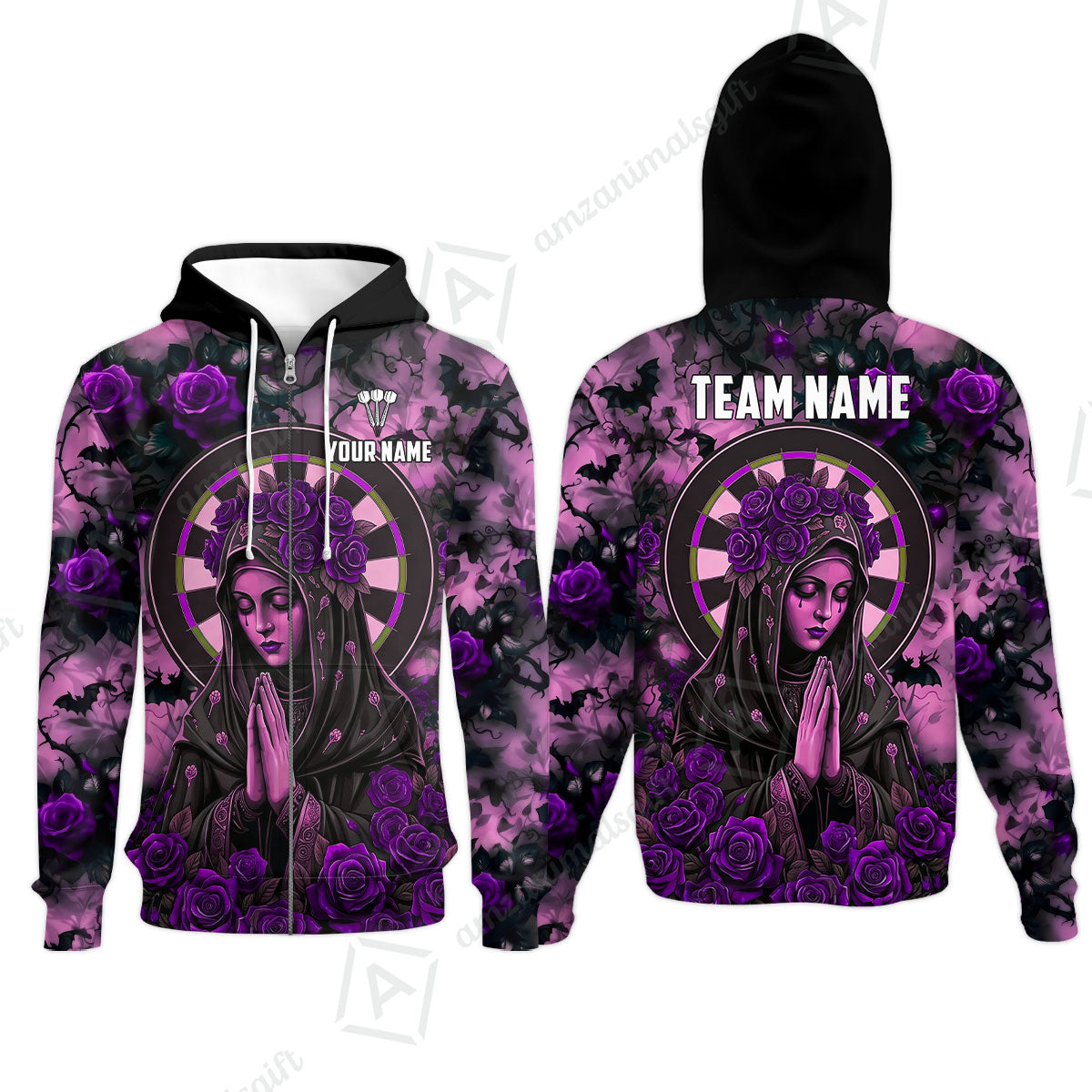 Custom Darts Jersey Polo Shirt, Gothic Madonna And Blue Rose, Custom Dart Jersey Team Shirt For Players With Name & Team Name