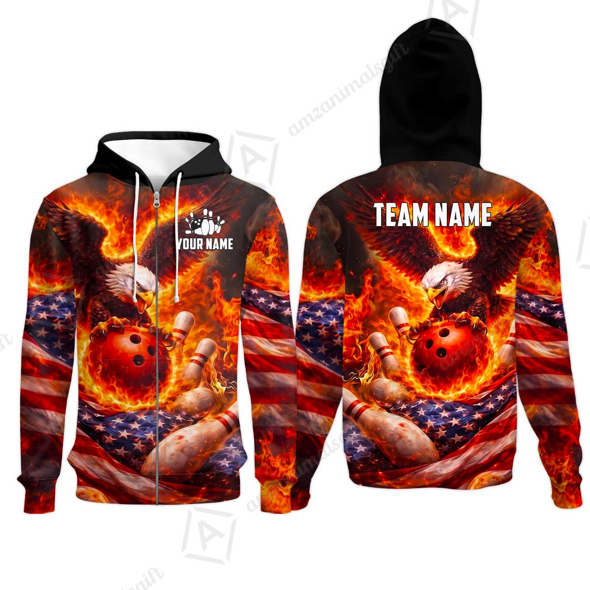 Custom Bowling Jersey Polo Shirt, Patriotic Blue Fire Eagle, Custom Bowling Jersey Team Shirt For Players With Name and Team Name