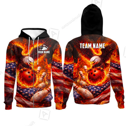 Custom Bowling Jersey Polo Shirt, Patriotic Blue Fire Eagle, Custom Bowling Jersey Team Shirt For Players With Name and Team Name