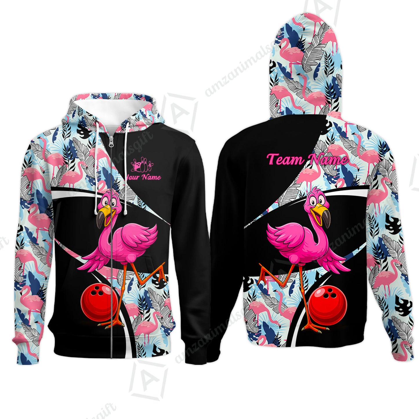 Custom Funny Cartoon Flamingo Bowling Jersey Polo Shirt, Custom Funny Cartoon Flamingo Bowling Jersey Team Shirt For Players With Name & Team Name