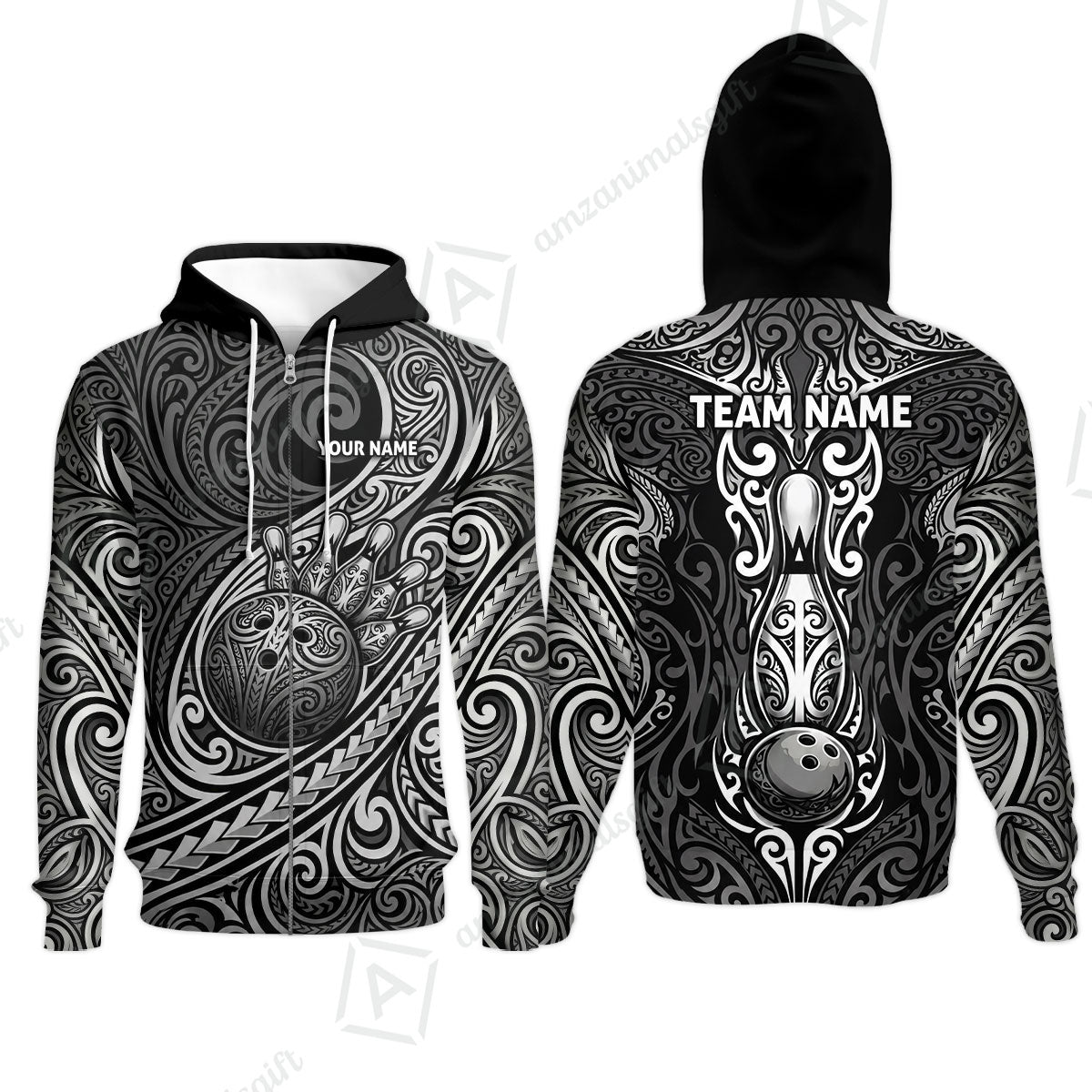 Custom Bowling Jersey Polo Shirt, Intricate Monochrome Tribal Spirit Bowling, Custom Bowling Jersey Team Shirt For Players With Name and Team Name