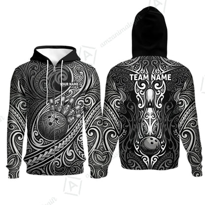 Custom Bowling Jersey Polo Shirt, Intricate Monochrome Tribal Spirit Bowling, Custom Bowling Jersey Team Shirt For Players With Name and Team Name