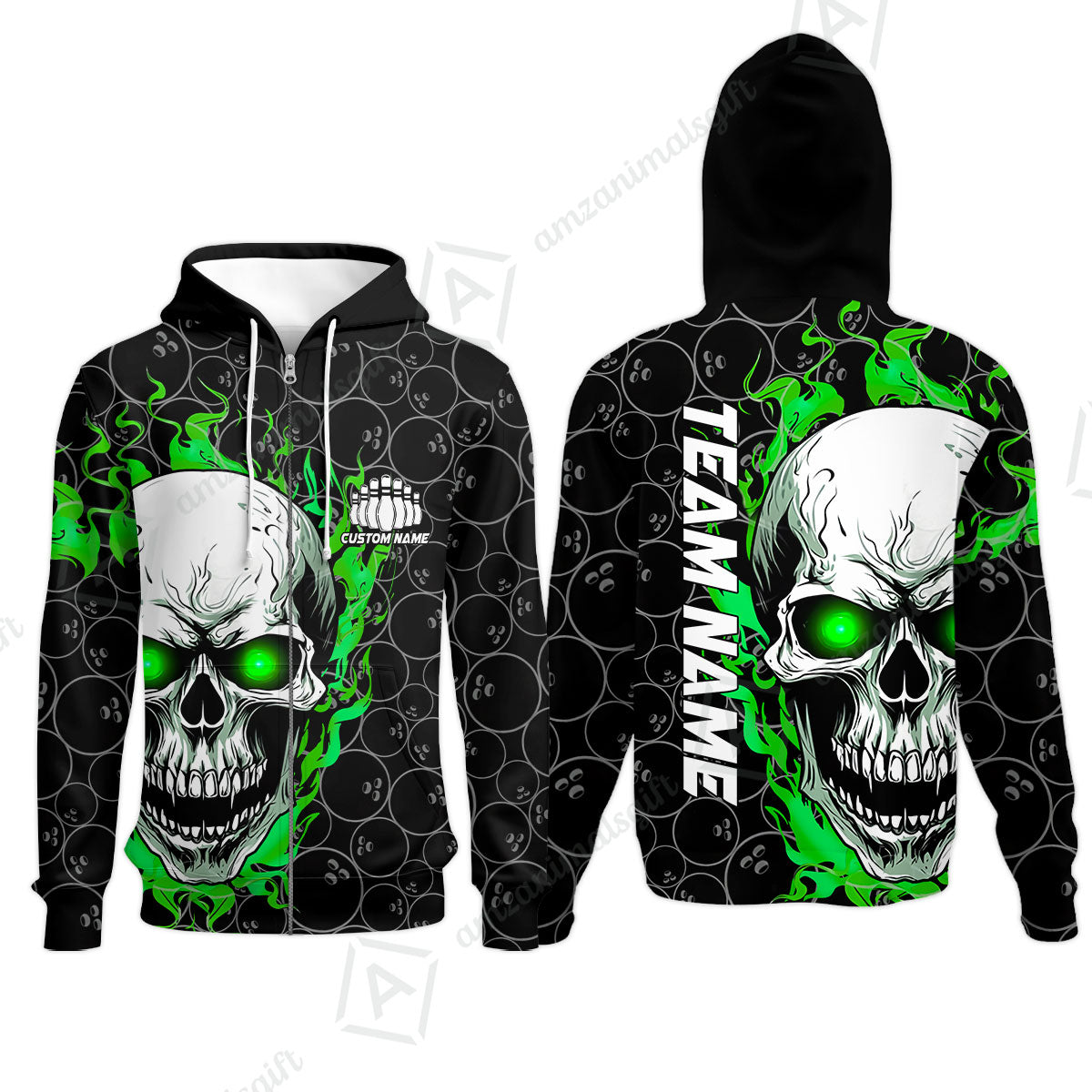 Personalized Bowling Unisex Polo Shirt, Green Flaming Skull Shirt For For Team Men Women Bowlers