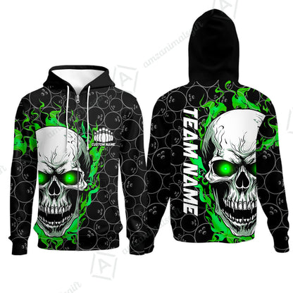 Personalized Bowling Unisex Polo Shirt, Green Flaming Skull Shirt For For Team Men Women Bowlers